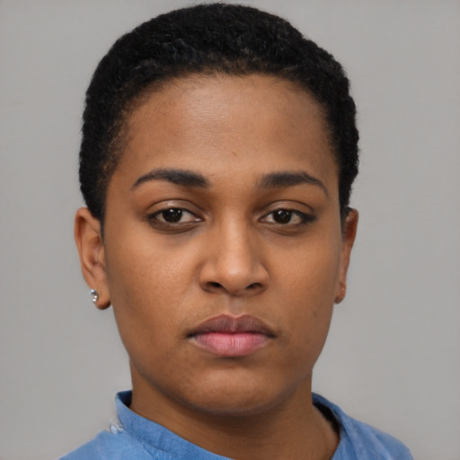 Neutral black young-adult female with short  black hair and brown eyes