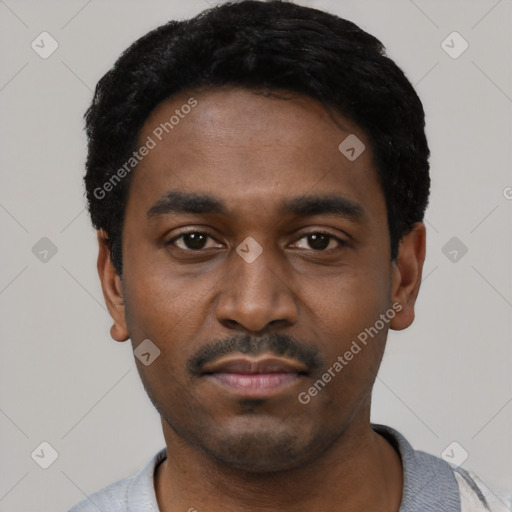 Neutral black young-adult male with short  black hair and brown eyes