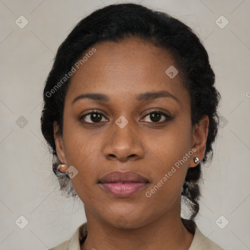 Joyful black young-adult female with medium  black hair and brown eyes