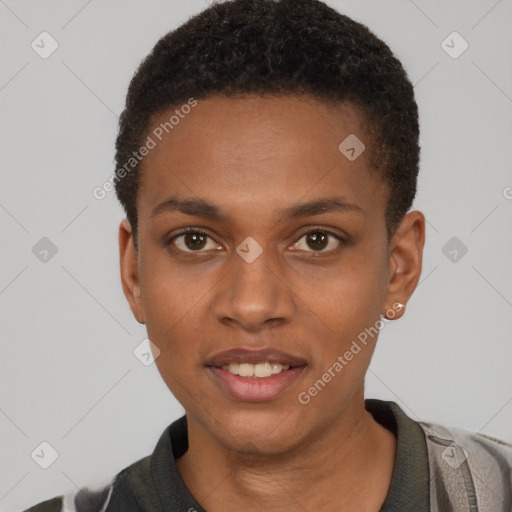 Joyful black young-adult male with short  brown hair and brown eyes