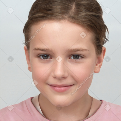 Joyful white child female with short  brown hair and brown eyes