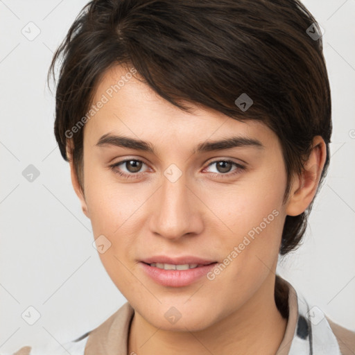 Joyful white young-adult female with medium  brown hair and brown eyes