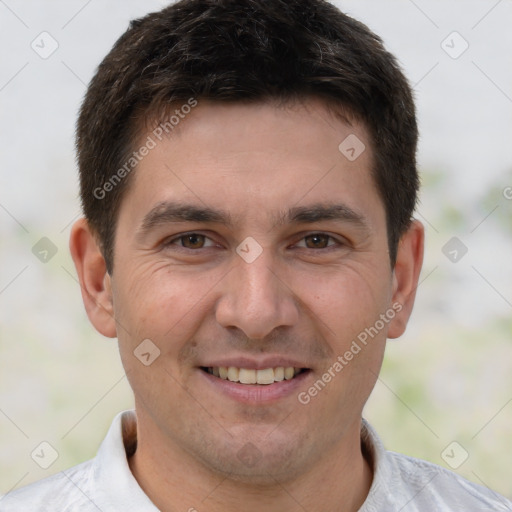 Joyful white young-adult male with short  brown hair and brown eyes