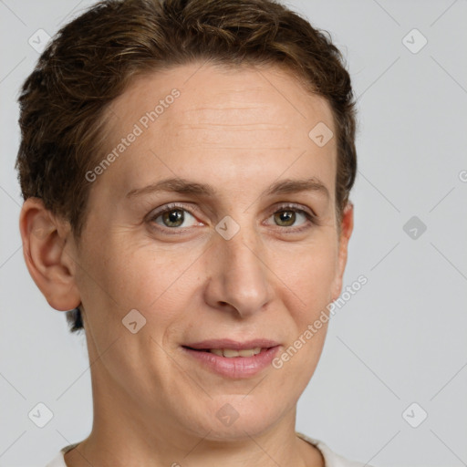 Joyful white adult female with short  brown hair and brown eyes