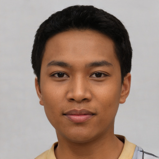 Neutral latino young-adult male with short  black hair and brown eyes