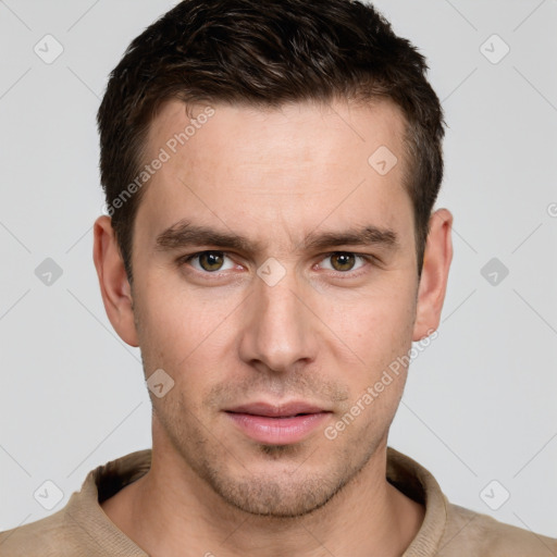 Neutral white young-adult male with short  brown hair and brown eyes