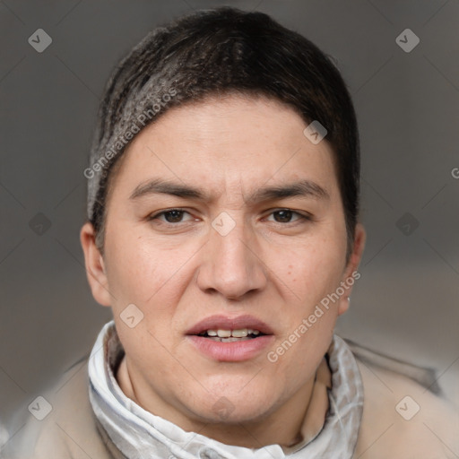 Joyful white adult male with short  brown hair and brown eyes