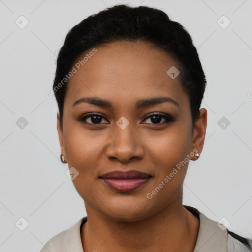 Joyful latino young-adult female with short  black hair and brown eyes