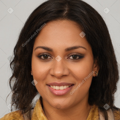 Joyful latino young-adult female with long  brown hair and brown eyes