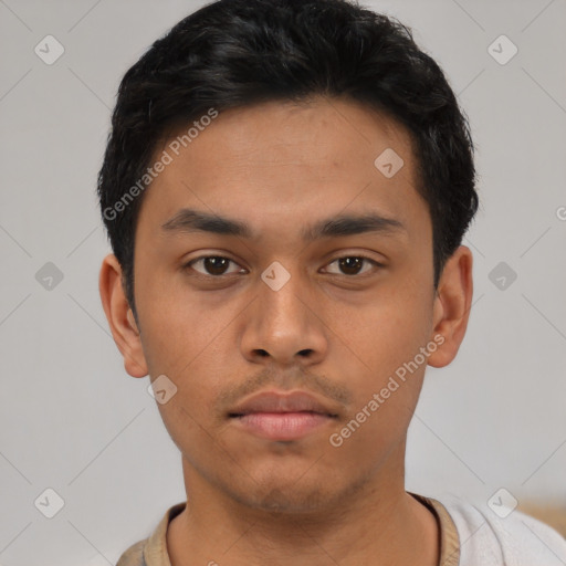 Neutral asian young-adult male with short  black hair and brown eyes