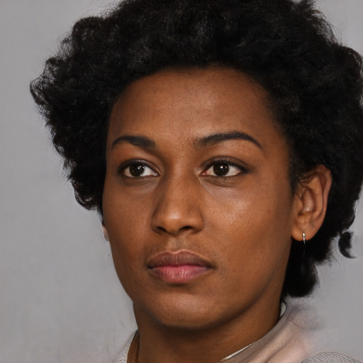 Neutral black young-adult female with short  black hair and brown eyes