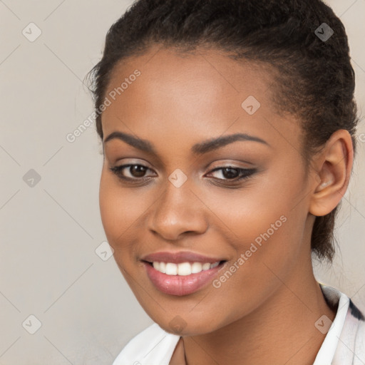 Joyful latino young-adult female with short  brown hair and brown eyes