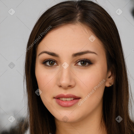 Neutral white young-adult female with long  brown hair and brown eyes