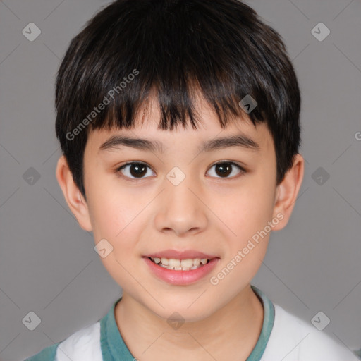 Joyful white child male with short  brown hair and brown eyes