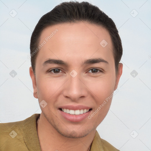 Joyful white young-adult female with short  brown hair and brown eyes