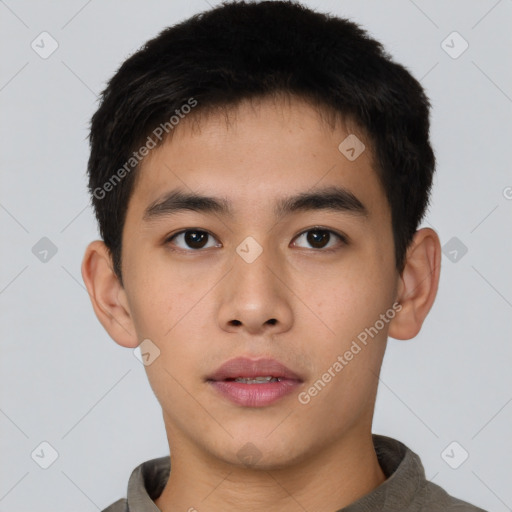 Neutral asian young-adult male with short  brown hair and brown eyes