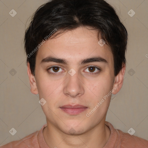 Neutral white young-adult male with short  brown hair and brown eyes