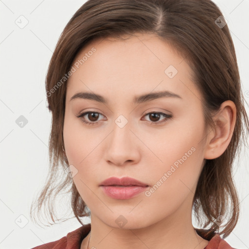 Neutral white young-adult female with medium  brown hair and brown eyes