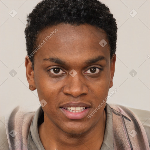 Joyful black young-adult male with short  brown hair and brown eyes
