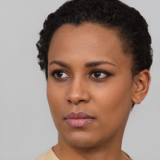 Neutral black young-adult female with short  black hair and brown eyes