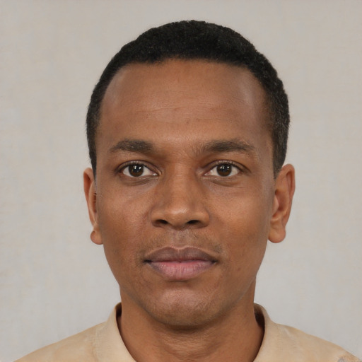 Neutral black young-adult male with short  black hair and brown eyes