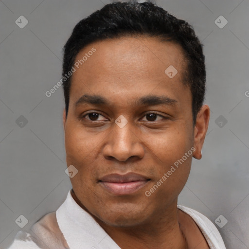 Joyful latino young-adult male with short  black hair and brown eyes