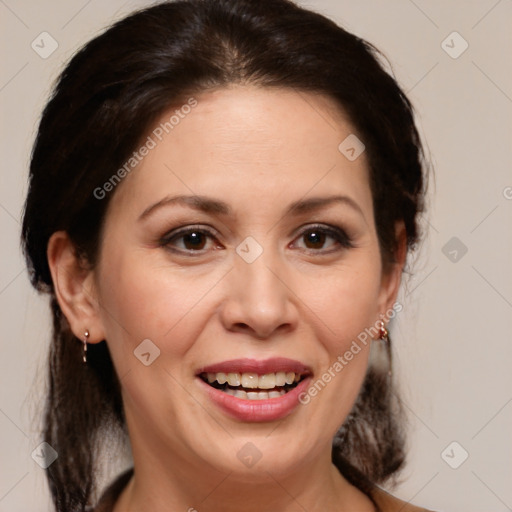 Joyful white adult female with medium  brown hair and brown eyes