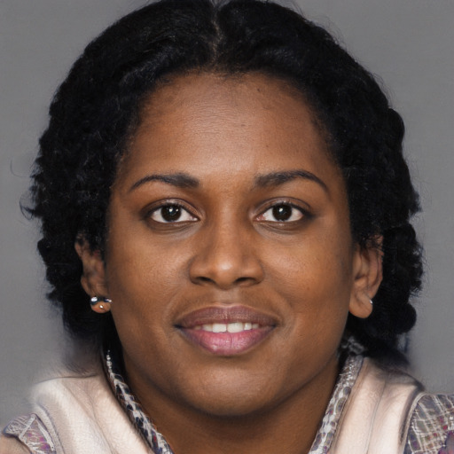 Joyful black young-adult female with long  black hair and brown eyes