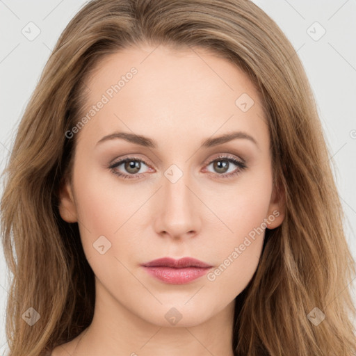 Neutral white young-adult female with long  brown hair and grey eyes