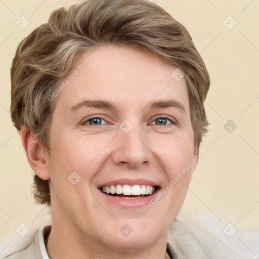 Joyful white young-adult female with short  brown hair and grey eyes