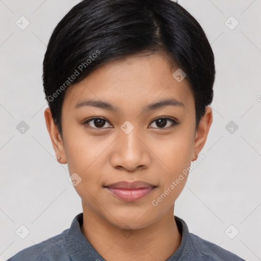 Joyful latino young-adult female with short  black hair and brown eyes