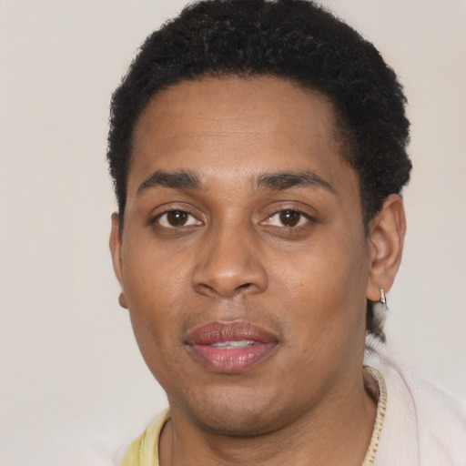 Neutral black young-adult male with short  black hair and brown eyes