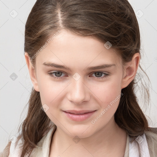 Joyful white child female with medium  brown hair and brown eyes