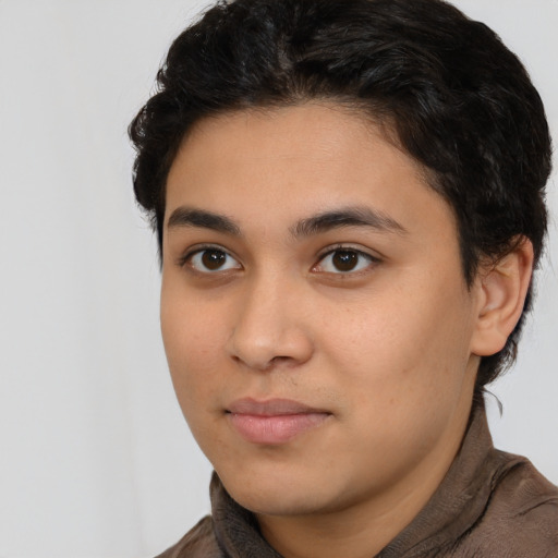 Neutral latino young-adult female with short  brown hair and brown eyes