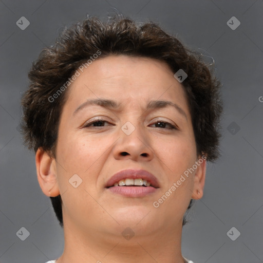 Joyful white adult female with short  brown hair and brown eyes