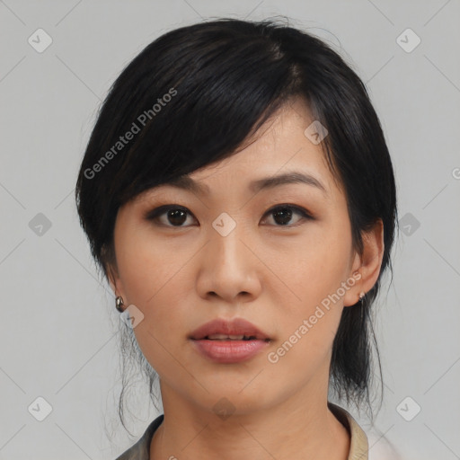 Neutral asian young-adult female with medium  black hair and brown eyes