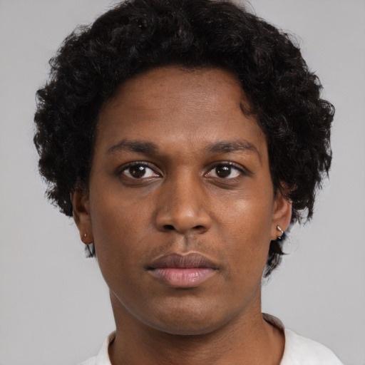 Neutral black young-adult male with short  brown hair and brown eyes