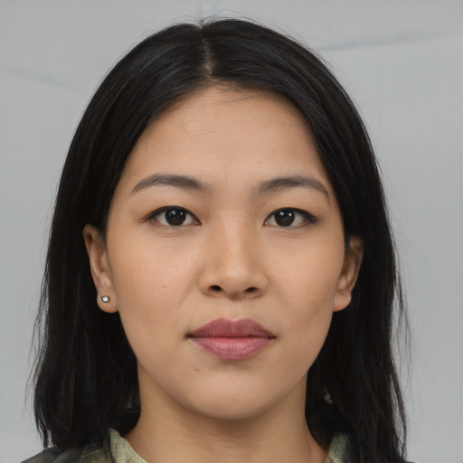 Neutral asian young-adult female with long  black hair and brown eyes