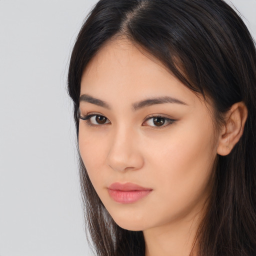 Neutral asian young-adult female with long  brown hair and brown eyes