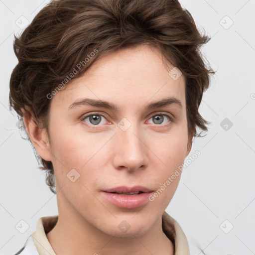 Neutral white young-adult female with medium  brown hair and grey eyes