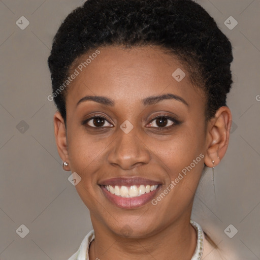 Joyful latino young-adult female with short  brown hair and brown eyes