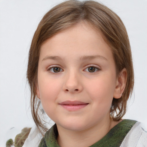 Joyful white child female with medium  brown hair and brown eyes