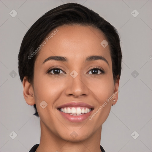 Joyful white young-adult female with short  brown hair and brown eyes