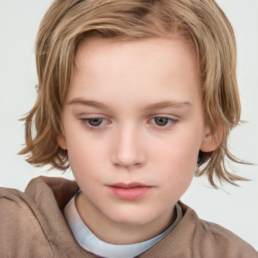 Neutral white child female with medium  brown hair and grey eyes