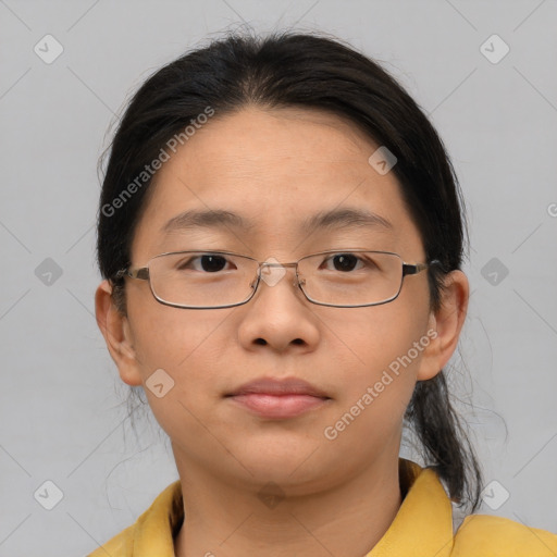 Neutral asian young-adult female with medium  brown hair and brown eyes