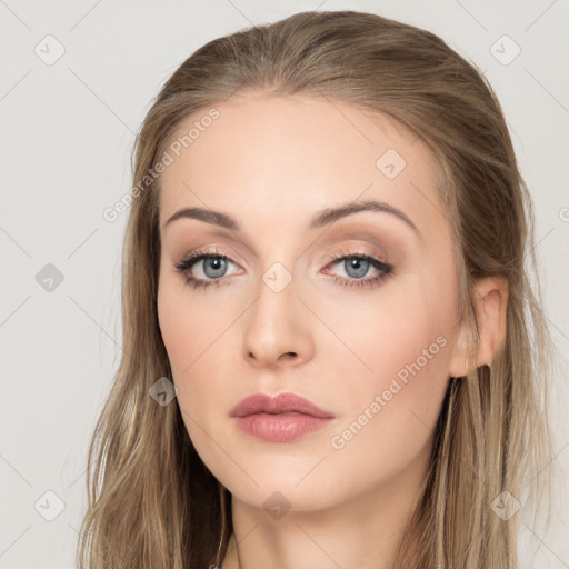 Neutral white young-adult female with long  brown hair and brown eyes