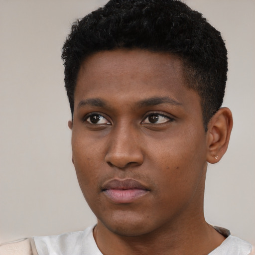 Neutral black young-adult male with short  black hair and brown eyes