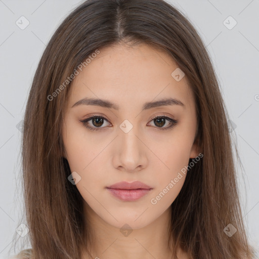 Neutral white young-adult female with long  brown hair and brown eyes