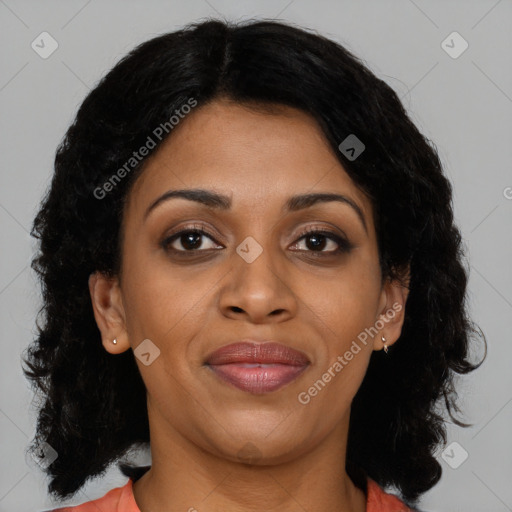 Joyful black young-adult female with medium  brown hair and brown eyes