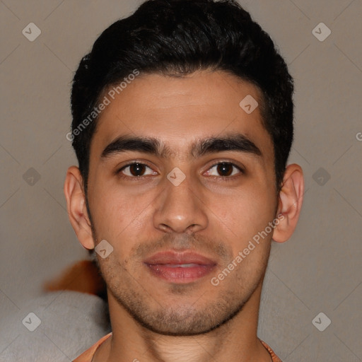 Joyful white young-adult male with short  black hair and brown eyes